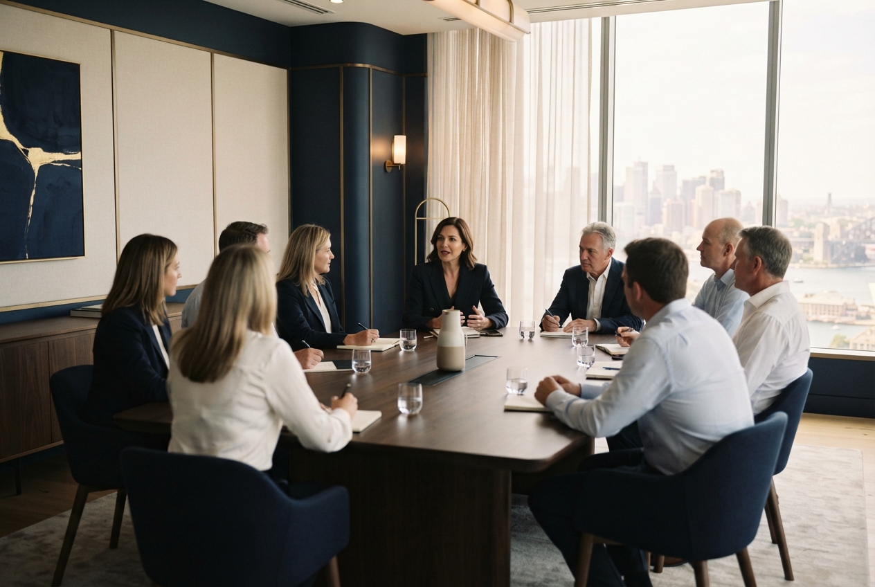 Eight professionals meet around a conference table in a modern room overlooking a city and waterfront.