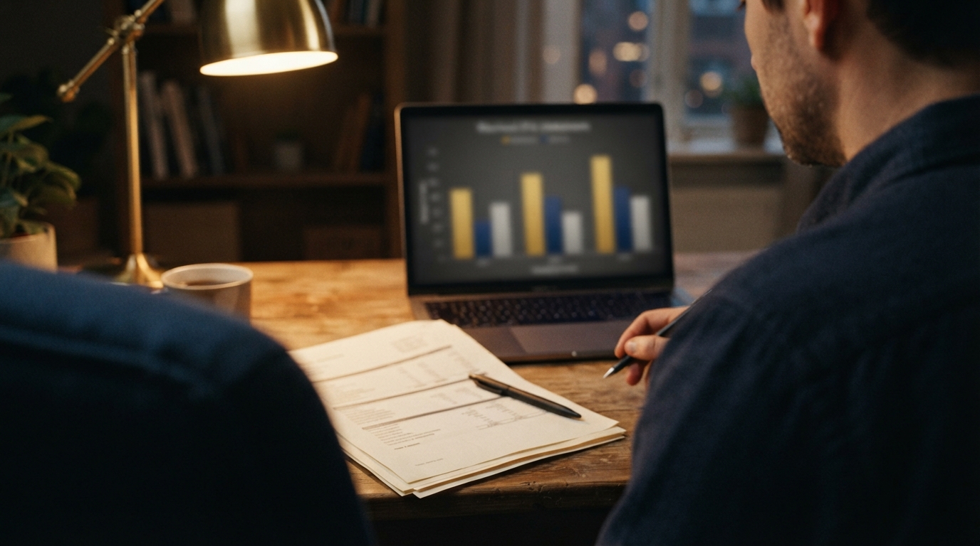 Two people review printed documents beside a laptop displaying a blurred multicolored bar chart.