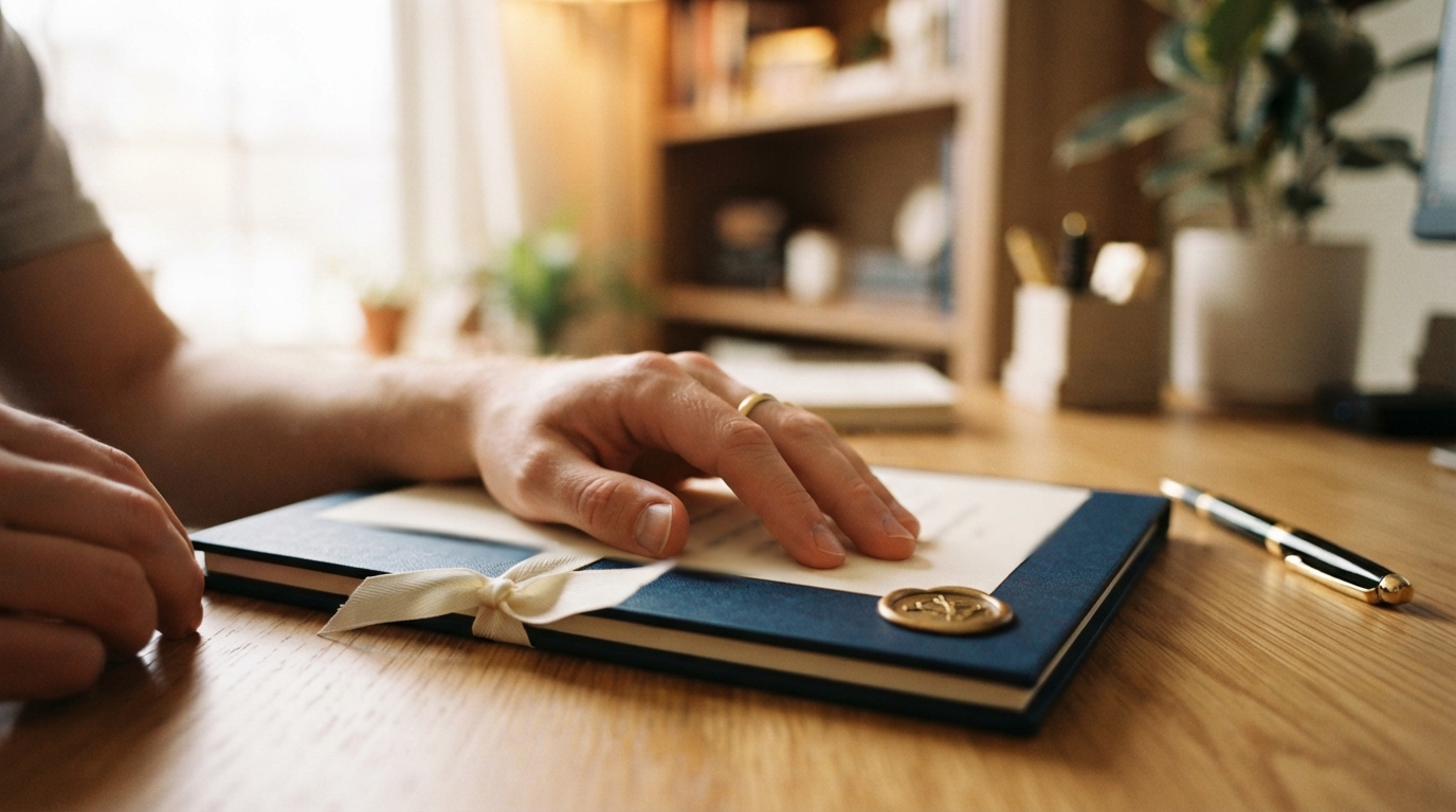 Person’s hands rest on a navy notebook with a ribbon and gold seal on a wooden desk.