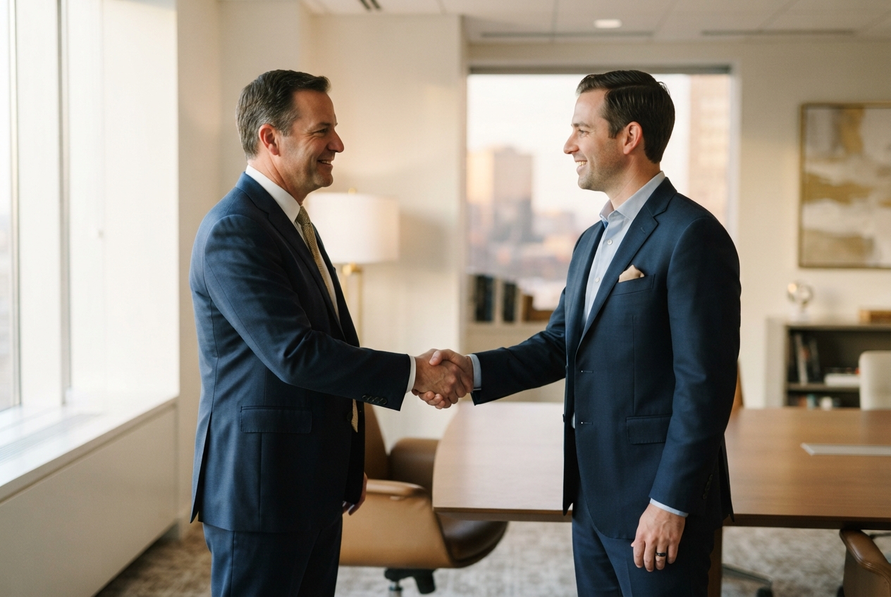 Two businessmen in suits smile and shake hands in a warmly lit office beside a conference table.