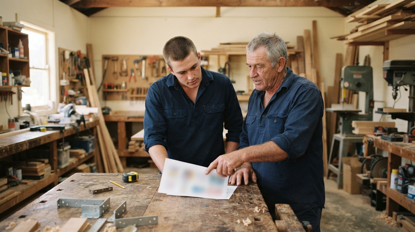 Two men discuss a blurred plan over a workbench in a woodworker’s workshop.