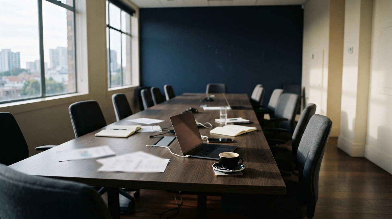 Sunlit conference room with a long table, chairs, laptop, papers, coffee, and city views through large windows.