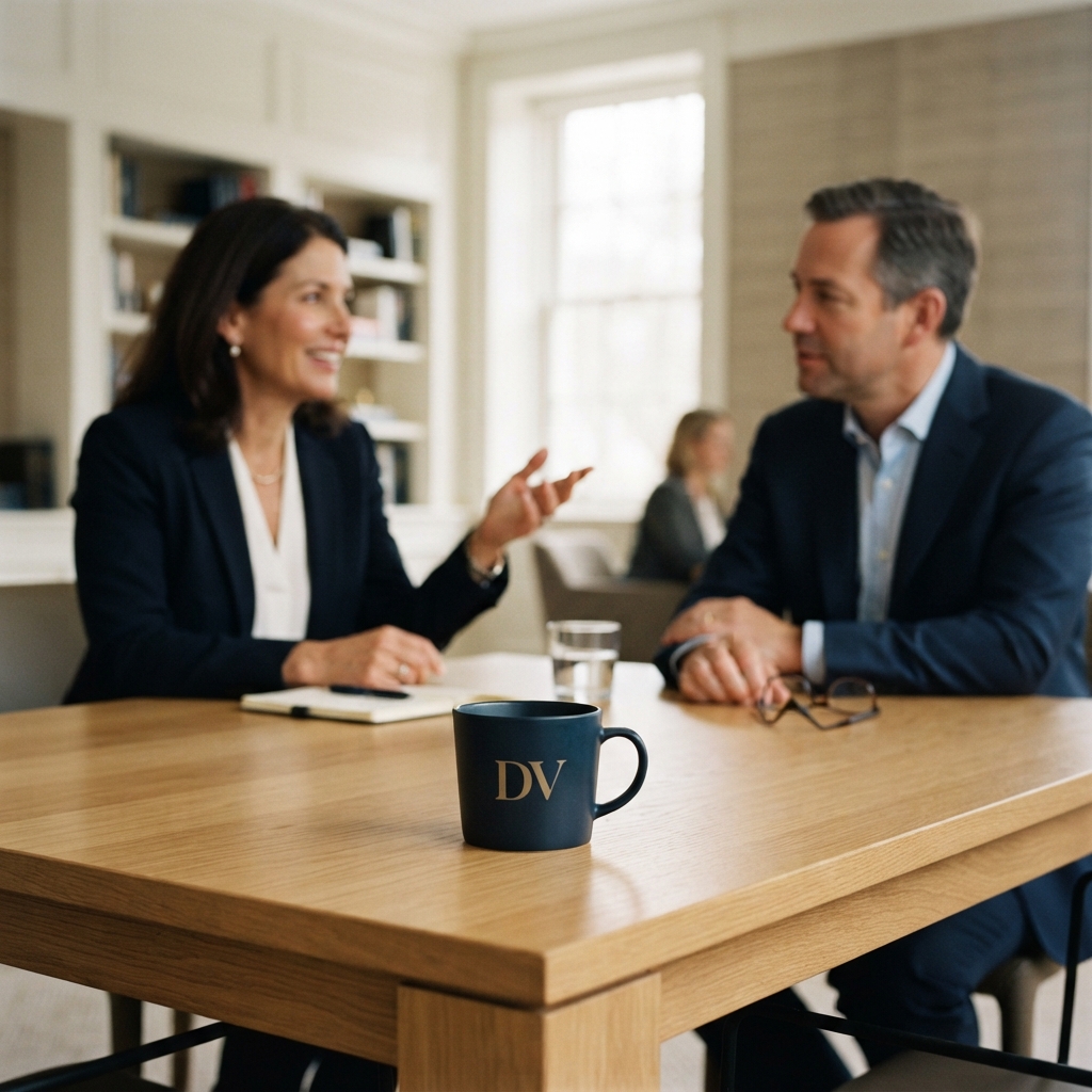 Two professionals converse across a wooden table with a navy “DV” mug, notebook, water glass, and eyeglasses.