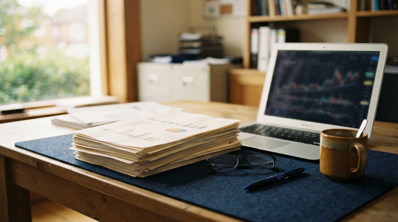 Home office desk with financial reports, laptop charts, eyeglasses, pen, and coffee mug.